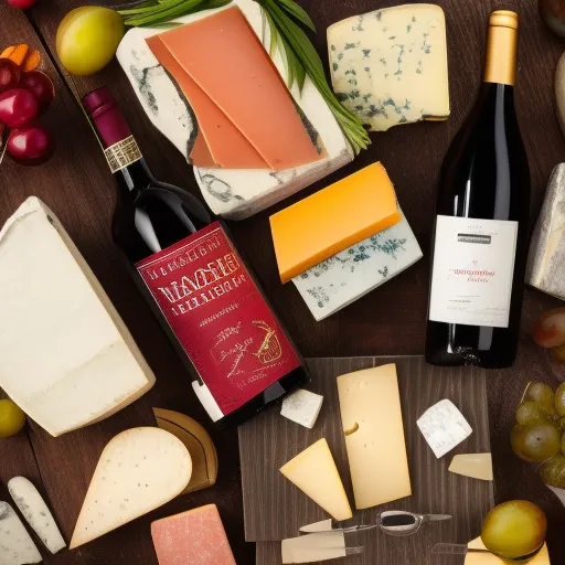 

A photo of a selection of wine bottles and glasses, with a gift box in the center, surrounded by a variety of cheeses and fruits.