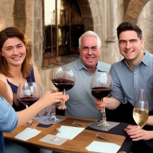 

Une photo d'un groupe de personnes souriantes en train de déguster du vin, avec des verres et des bouteilles de vin sur la table devant eux.