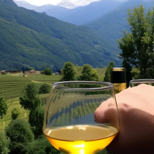 

A glass of golden-hued Altesse de Savoie wine, with a view of the Savoie mountains in the background.