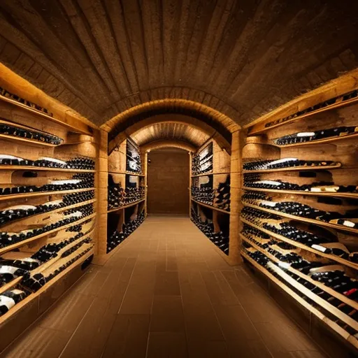 

A picture of a wine cellar filled with bottles of various wines, with a single bottle in the foreground, illuminated by a spotlight.