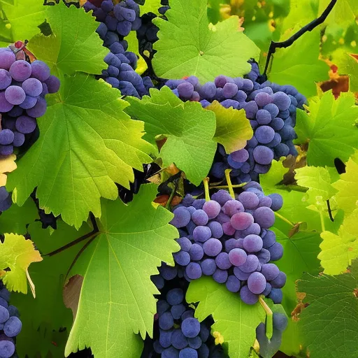 

A close-up of a variety of grapevines, with lush green leaves and ripe purple grapes, set against a backdrop of rolling hills.