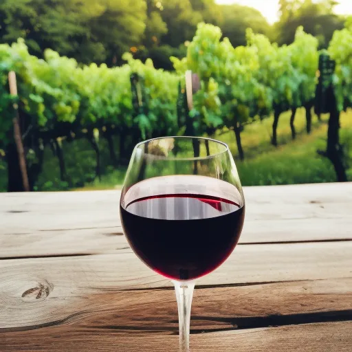 

A close-up of a glass of red wine, surrounded by lush green grape vines in a vineyard.
