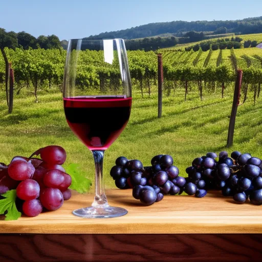 

A picture of a glass of red Burgundy wine, surrounded by a variety of grapes, with a vineyard in the background.