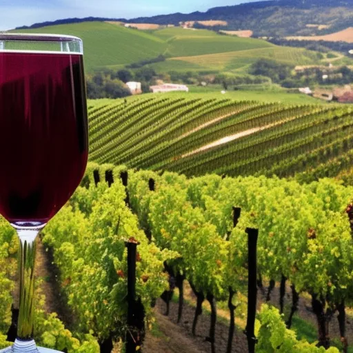 

A picture of a glass of red Beaujolais wine, with a vineyard in the background, symbolizing the exploration of the world of Beaujolais wines.