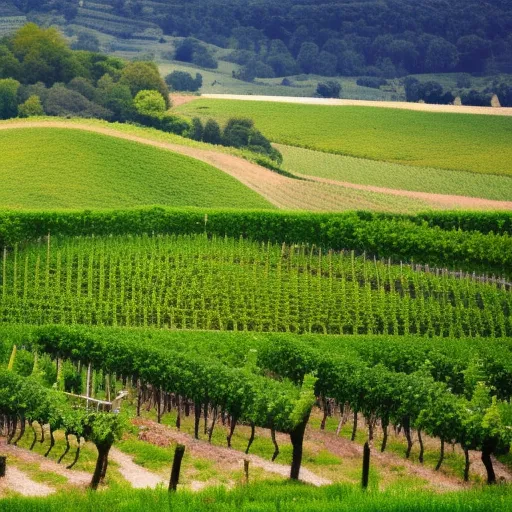 

A picture of a vineyard in the countryside, with rolling hills and lush green vines.