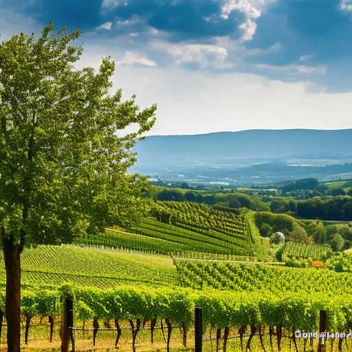 

A picture of a vineyard in Alsace, France, with rolling hills and lush green vines.