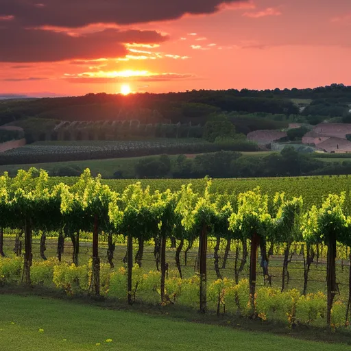 

A picture of a vineyard in Bordeaux, France, with the sun setting in the background, showcasing the beauty of the region's wine-producing landscape.