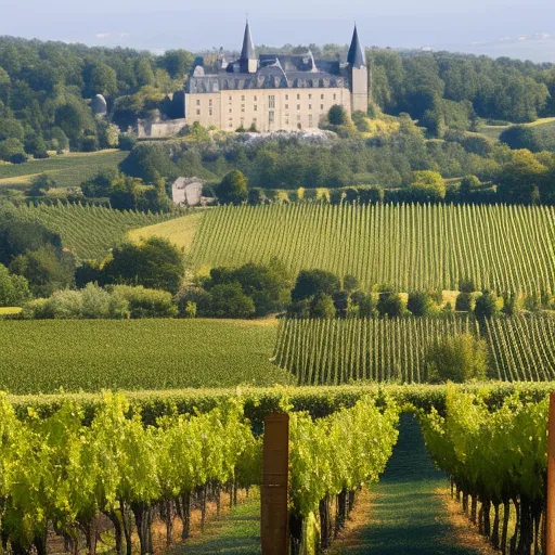 

A picture of a vineyard in France, with rolling hills and a chateau in the background.