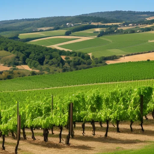 

A picture of a vineyard in the South West of France, with rolling hills and lush green vines.