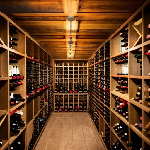 

A picture of a wooden wine cellar filled with bottles of aging wine, surrounded by a warm, inviting atmosphere.