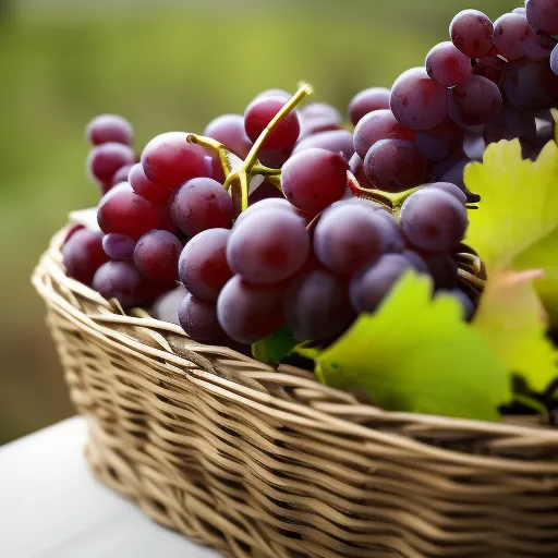 

A close-up of a selection of French red grapes, arranged in a basket, with a backdrop of a vineyard.