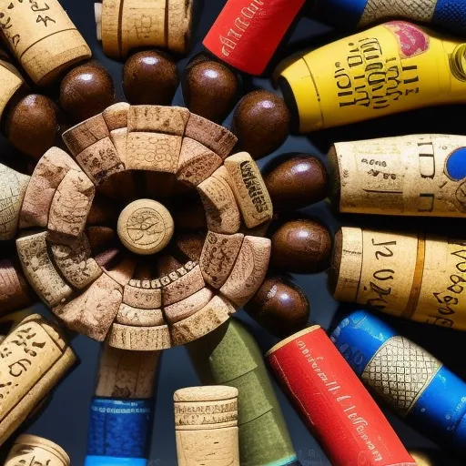

A close-up of a variety of colorful wine and champagne bottle corks, arranged in a fan-like pattern.