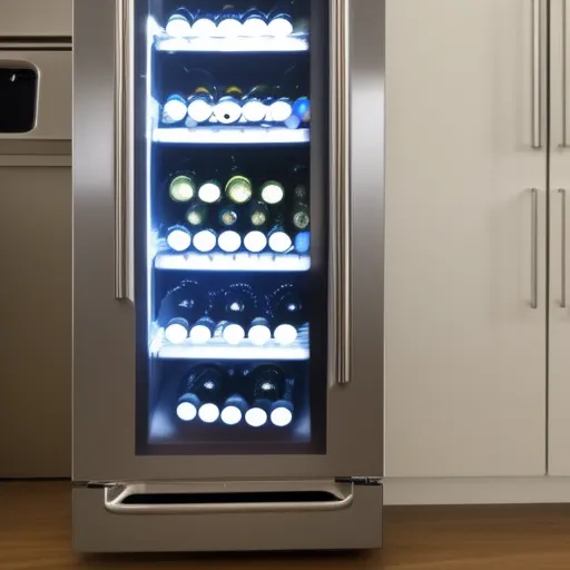 

Photo of a modern stainless steel wine refrigerator with glass door, shelves, and temperature control panel.