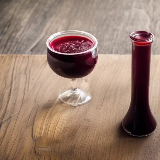 

Une bouteille de vin rouge sur une table en bois, avec un verre et une carafe à côté.