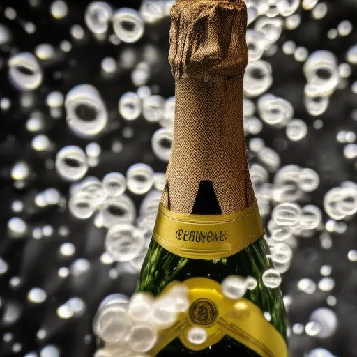 

A close-up of a bottle of champagne with a cork popping out of the top, surrounded by bubbles.