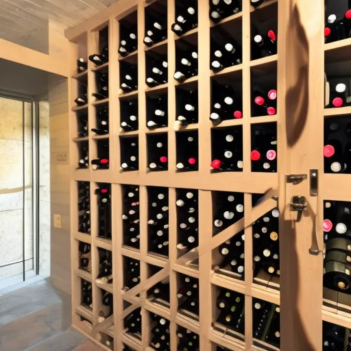 

A picture of a cellar filled with bottles of wine, with a wooden rack and a glass door.