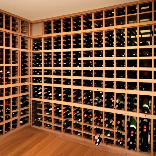 

A picture of a wine cellar filled with bottles of different varieties of wine, with a glass of red wine in the foreground.